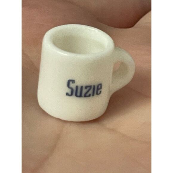 Vintage Miniature White Ceramic Coffee Mug With name Suzie Spell Out Dollhouse - Picture 1 of 5